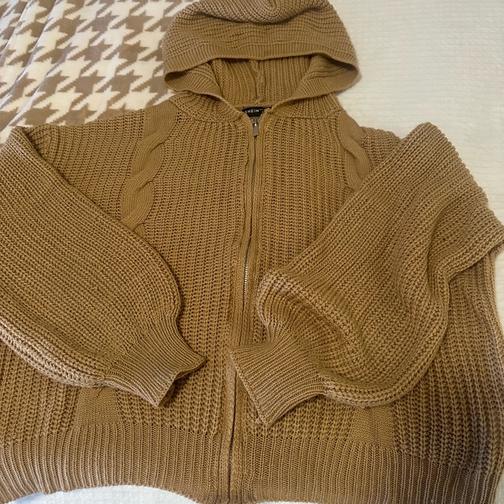 SHEIN Tan Zip-Up Hooded Sweater